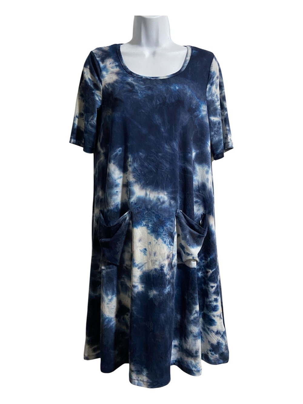Nina Leonard Pull On Elbow Sleeve Navy Tie Dye Trapeze Dress With Pockets XS New